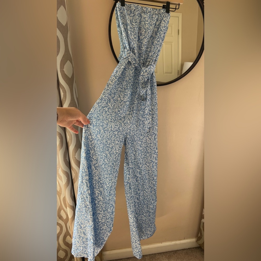 Blue and White Strapless Jumpsuit Size Small
